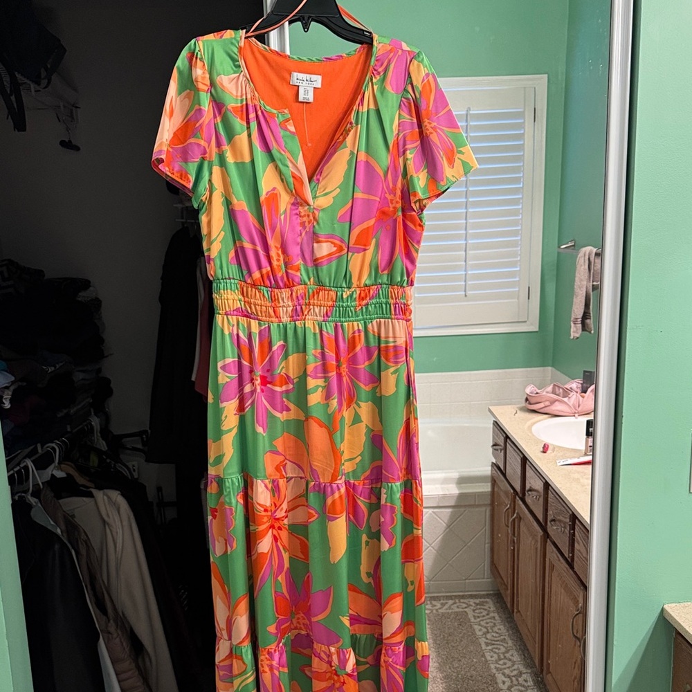 Nicole Miller Knox Rose Vibrant Floral Maxi Dress - Green, Pink, Orange